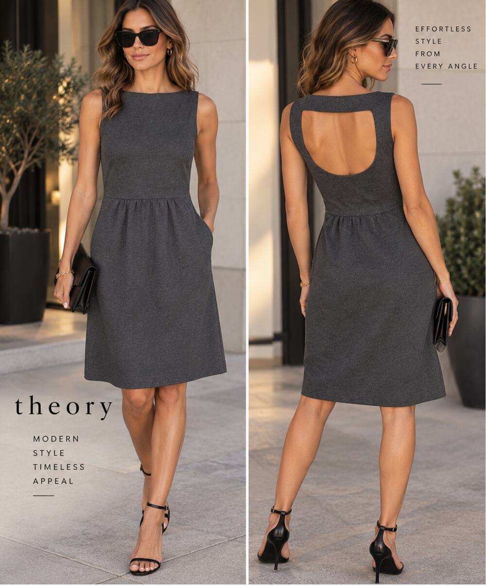 Theory Dress Womens 4 Charcoal Gray Stretch Knit Open Back Fit Flare Made USA